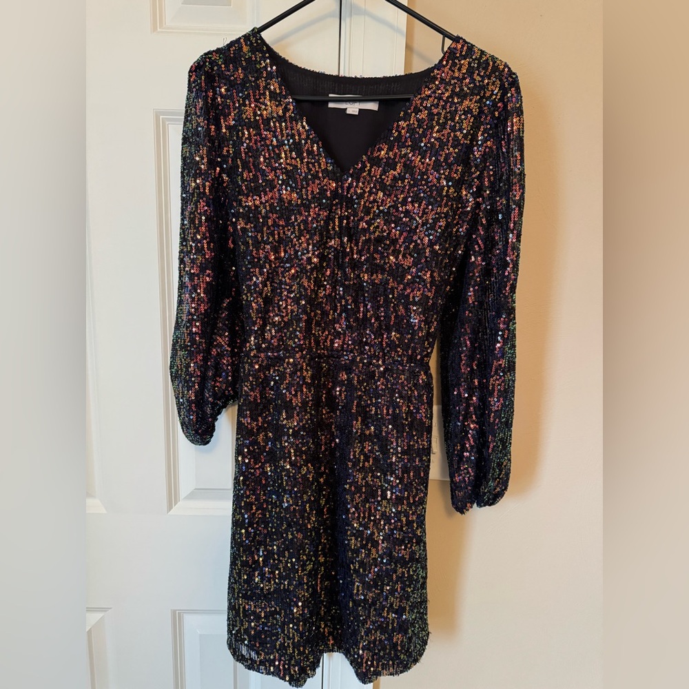 LOFT Black Multicolor Sequin Long Sleeve Dress